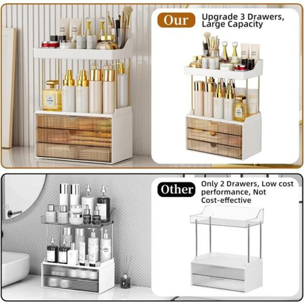 3 Drawers 2 Tier Makeup Organizer - Bathroom Counter Organizer, Versatile